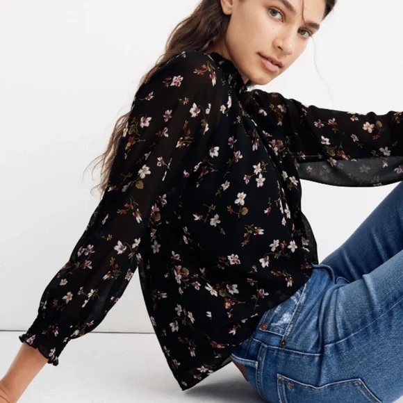 Madewell Black Floral Smocked Mockneck Blouse - Picture 2 of 10